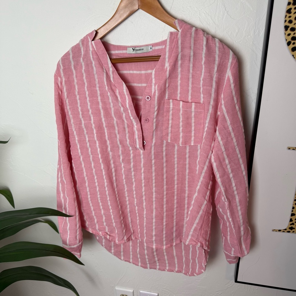 Yidarton Pink & White Striped Linen Blend Button Front Top – Size M